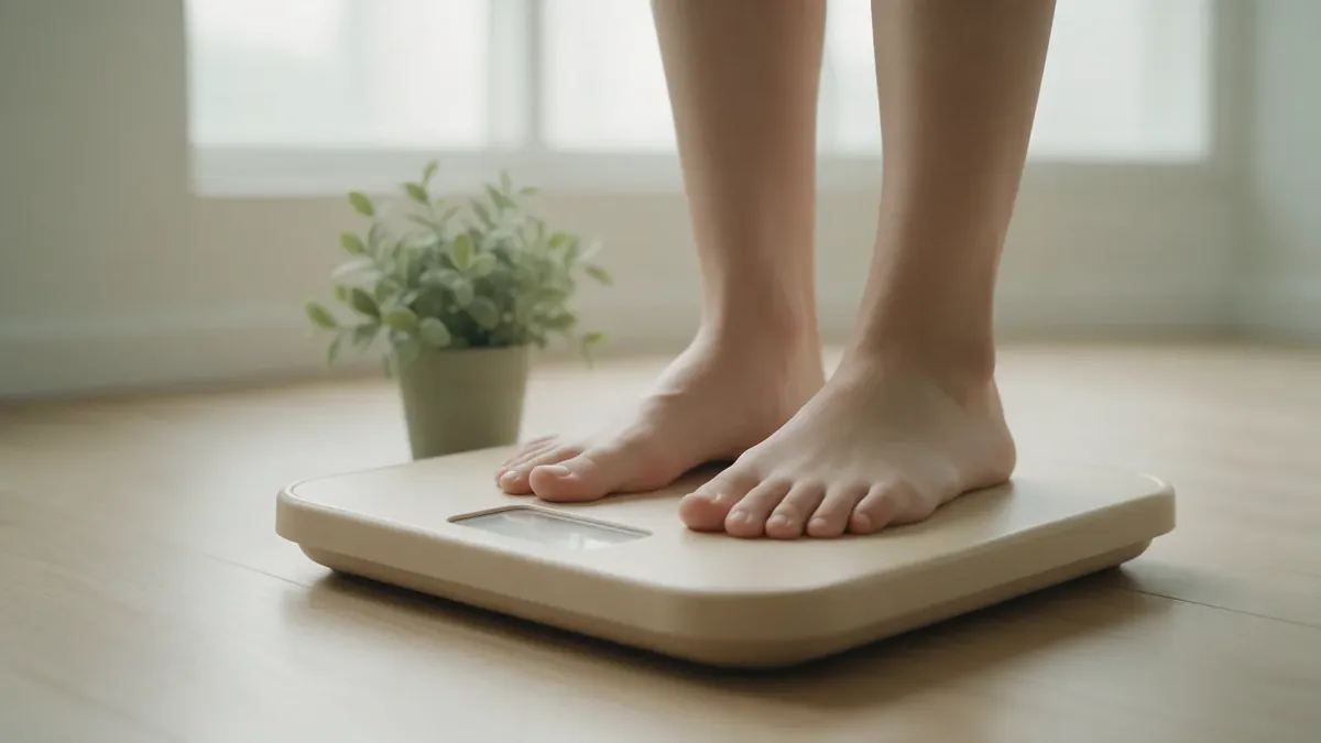 Piedi nudi che salgono su una bilancia pesapersone su un pavimento di legno chiaro, accanto a una pianta.