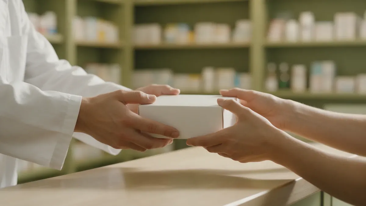 Le mani di un farmacista in camice porgono una scatola bianca senza marca a un cliente sul bancone della farmacia.