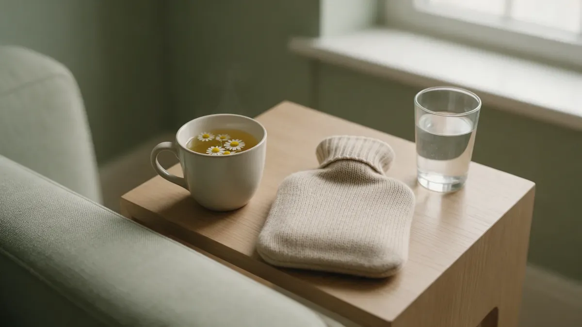 Una tazza di camomilla, una borsa dell'acqua calda con copertura in maglia e un bicchiere d'acqua su un tavolino accanto al divano.